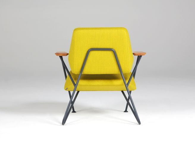Retro modern Polygon armchair in yellow wool with metal frame and wood arms