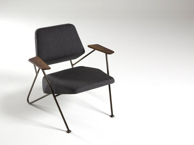 Modern Polygon shaped armchair in dark grey wool with black metal frame