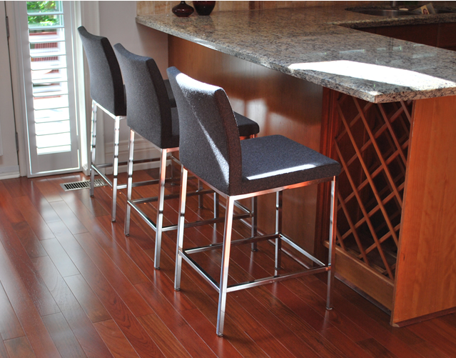 Aria chrome stools in dark grey wool side view