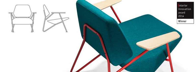Retro modern Polygon armchair in blue fabric with red metal frame and wooden arms 