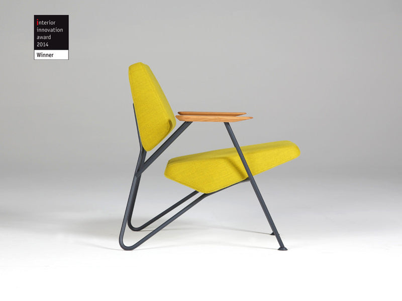 Retro modern Polygon armchair in yellow wool with metal frame and wooden arms side view
