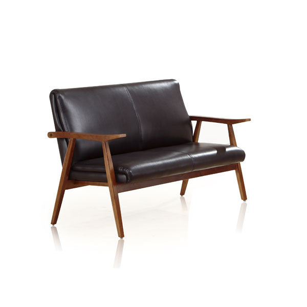 Buy Minimal Mid-Century Modern Wooden Settee In Black Leather | 212Concept