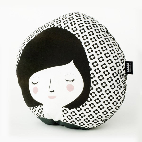 Modern Round Folk Woman Design Pillow in Black Print | 212Concept