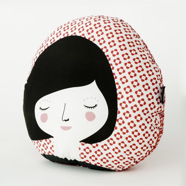 Modern Round Folk Woman Design Pillow in Red Print | 212Concept