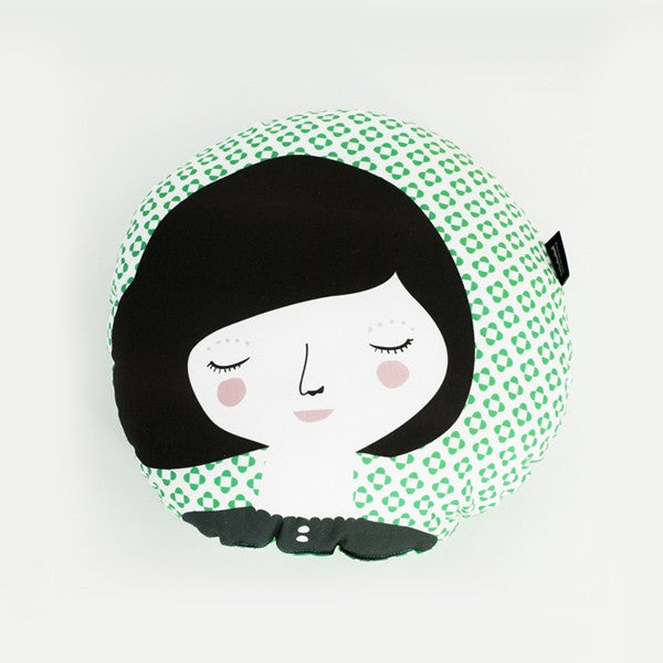Modern Round Folk Woman Design Pillow in Green Print | 212Concept
