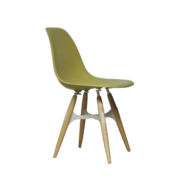 Modern ZigZag side chair in green shell with wooden legs side view